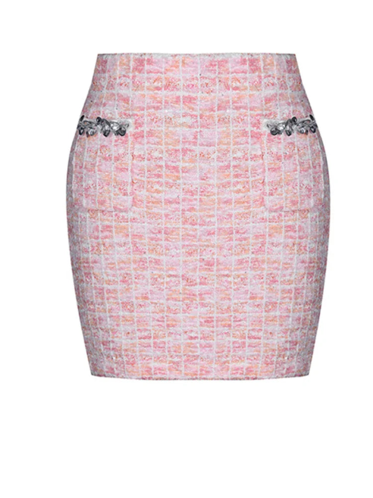 Two Piece Sets for Women Round Neck Long Sleeves Spliced Diamonds Top High Waist Patchwork Pockets Skirt Female New