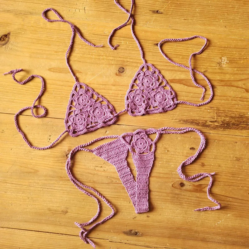Women Sexy Handmade Bikini Sets Crochet Flower Solid Color Lace Thong String Swimwear Sunbathing Swimsuit Beach Wear Lace-up Purple one size