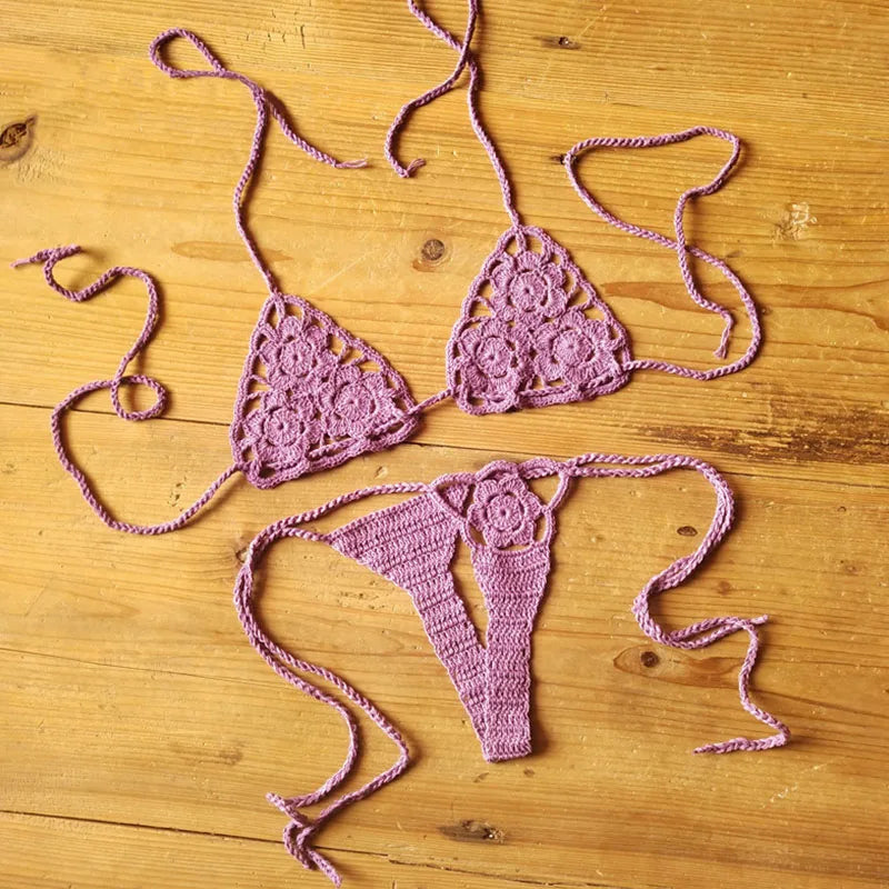 Women Sexy Handmade Bikini Sets Crochet Flower Solid Color Lace Thong String Swimwear Sunbathing Swimsuit Beach Wear Lace-up Purple one size