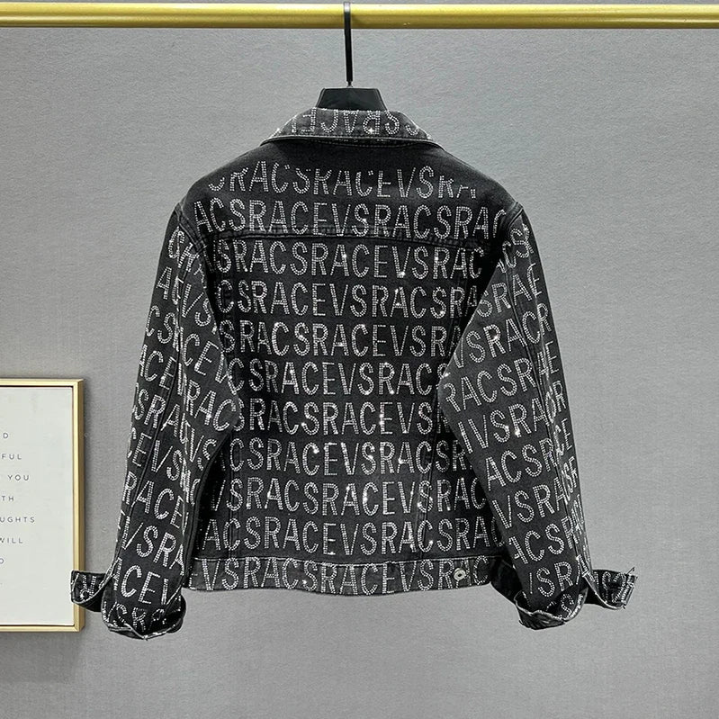 Denim Jacket Women Spring Autumn New Loose Heavy-Duty Letter Rhinestone Long-Sleeve Black Jean Jacket Female Jaquetas