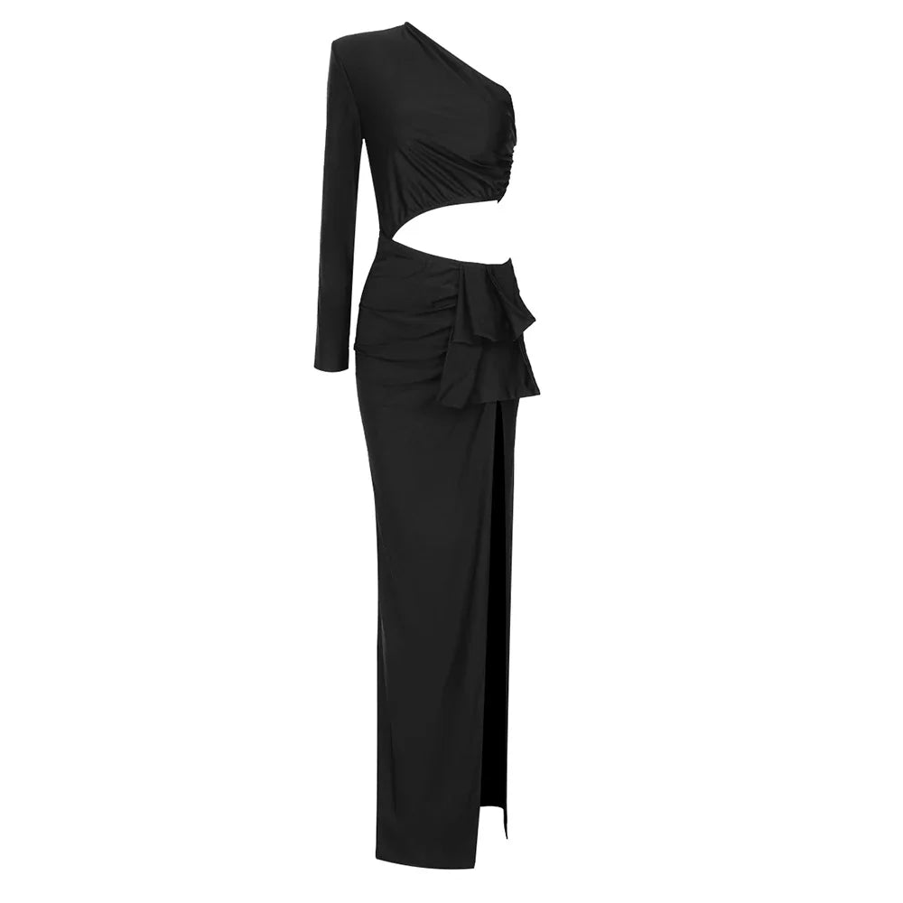 VC Black Long Dress Women Diagonal Collar One-Shoulder High Slit Ruched Design Evening Party Dress 2022 Autumn Winter New black