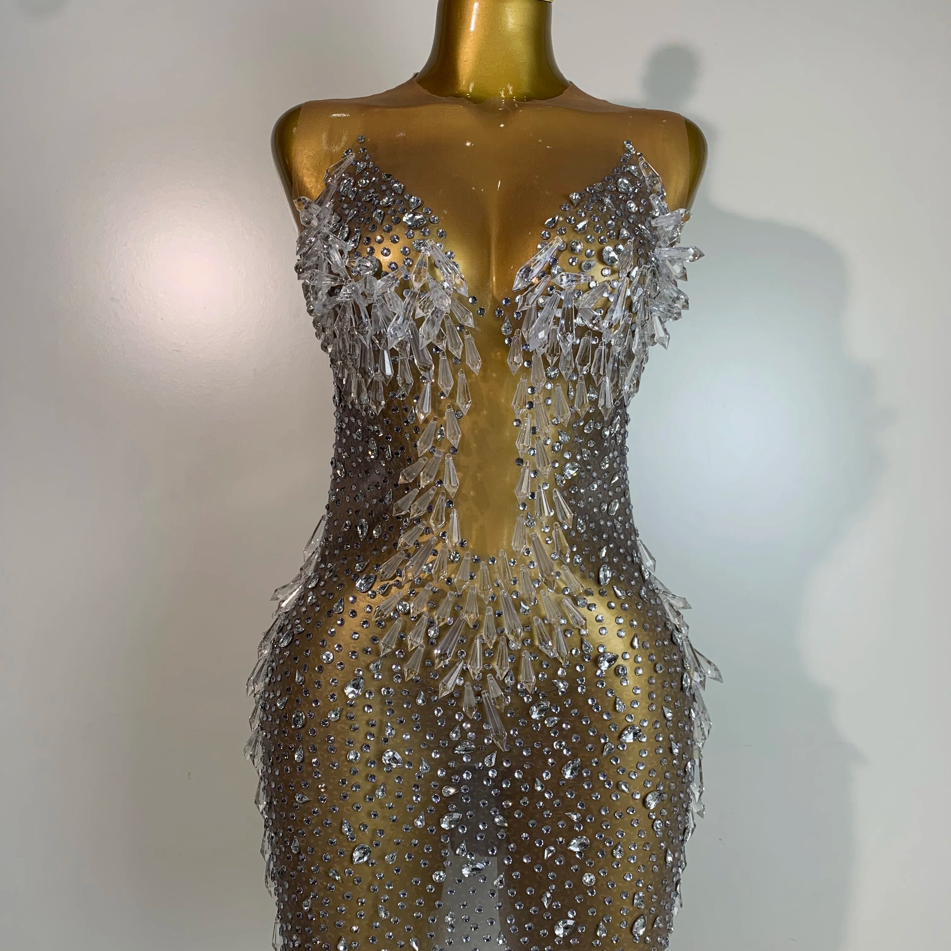 Stock Women Luxury Sexy Mesh Crystal Diamonds Mini Dress Birthday Party Costume Bar Nightclub Stage Performance Singer Outfit