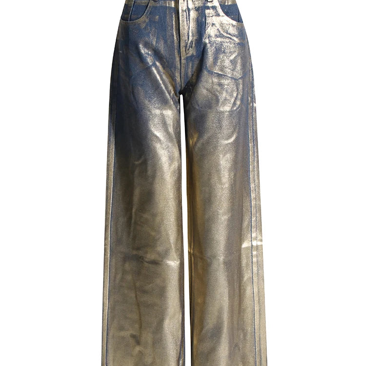 Colorblock Patchwork Pocket Jeans For Women High Waist Spliced Button Streetwear Straight Pants Female Fashion New