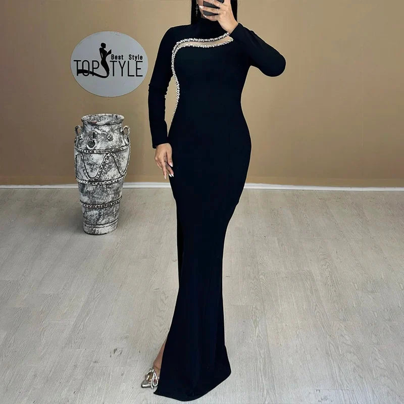 Black Color Women Long Sleeve Shinning Crystal Bodycon Bandage Long Dress Fashion Evening Party Celebrate Dress
