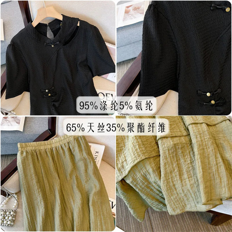 150Kg Plus Size Women's Bust 143 Summer Loose Short Sleeve Chinese Qipao Style Top Skirt Two Piece Set 2XL 3XL 4XL 5XL 6XL 7XL