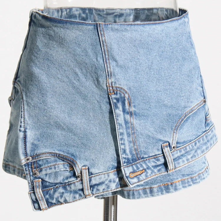 TWOTWINSTYLE Patchwork Bolso Irregular Chique Denim Shorts Para Mulheres Cintura Alta Zíper Emendado Designer Calças Curtas Femininas Novas