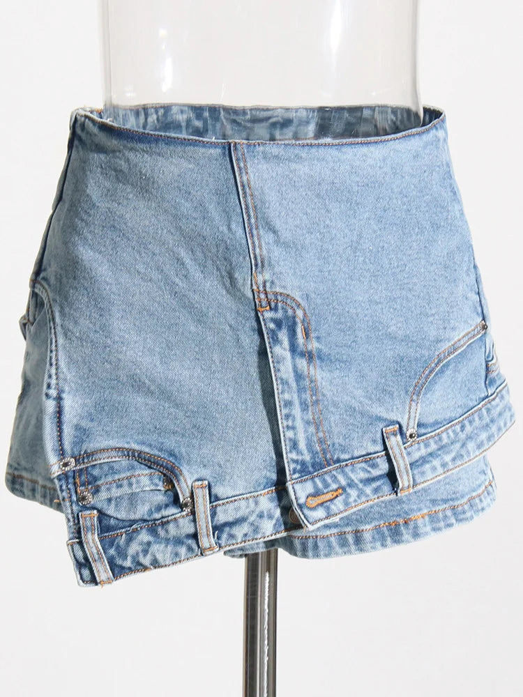 TWOTWINSTYLE Patchwork Bolso Irregular Chique Denim Shorts Para Mulheres Cintura Alta Zíper Emendado Designer Calças Curtas Femininas Novas