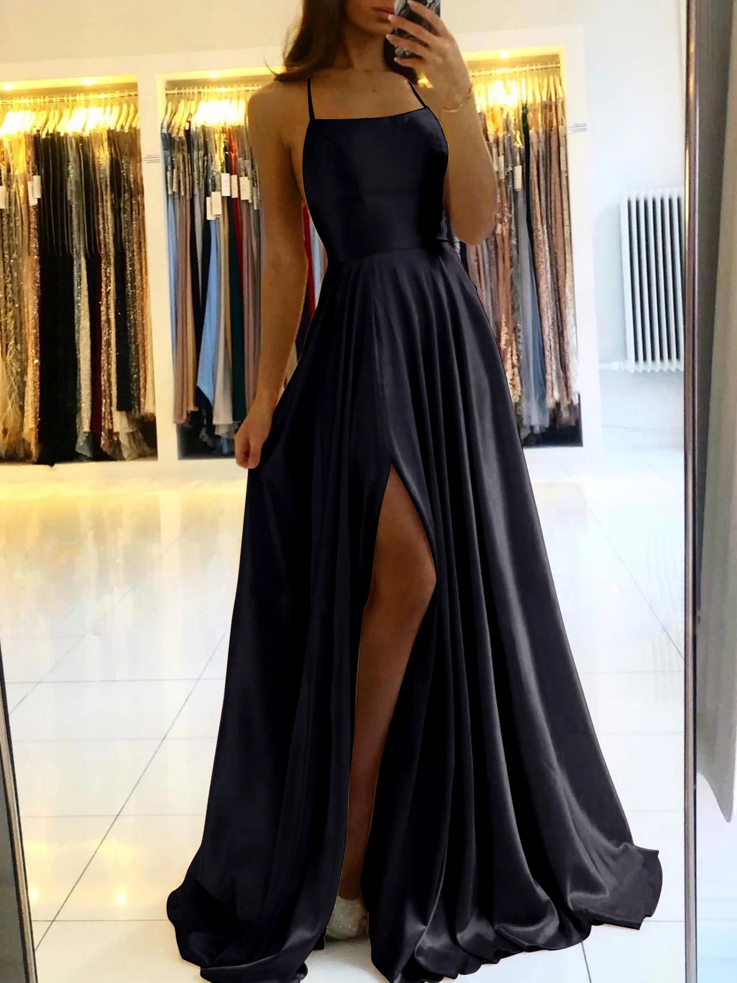 Ladies Blue A-line Long Satin Evening Dresses For Women Simple Spaghetti Straps Sexy Slit Wedding Prom Party Gowns Vestidos Black