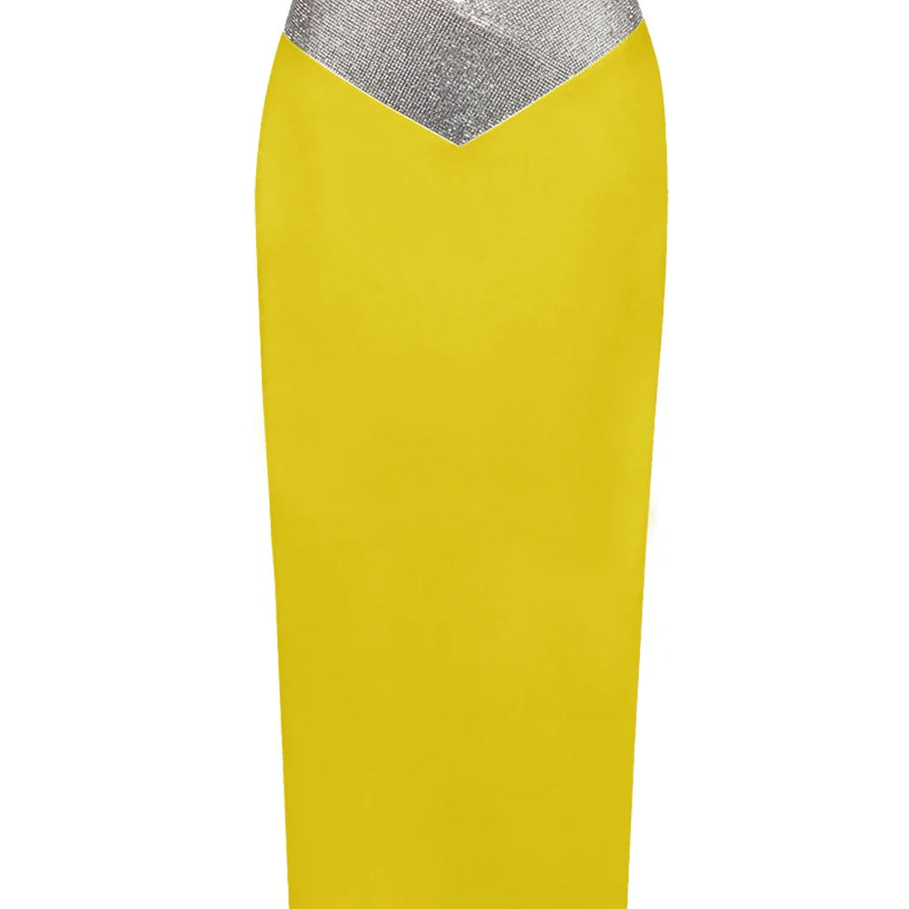 Saia midi bandagem justa branca e preta com cristais e diamantes, saia lápis de cintura alta para festa e boate, 77 cm
