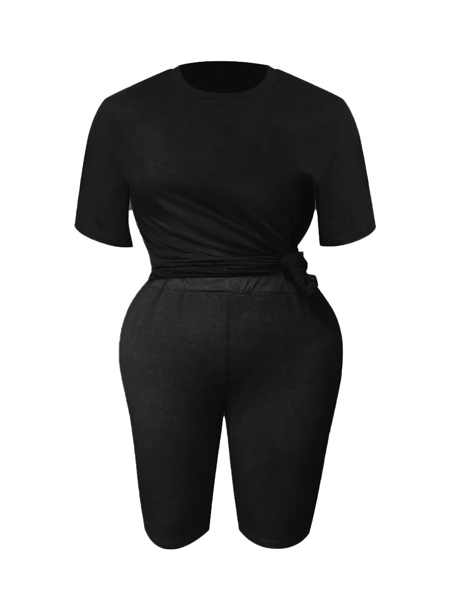 LW Basic Plus Size Summer Women's Suit Short Sleeve Top and Pants Casual Solid Color Sportswear Slim Two-piece Outfit