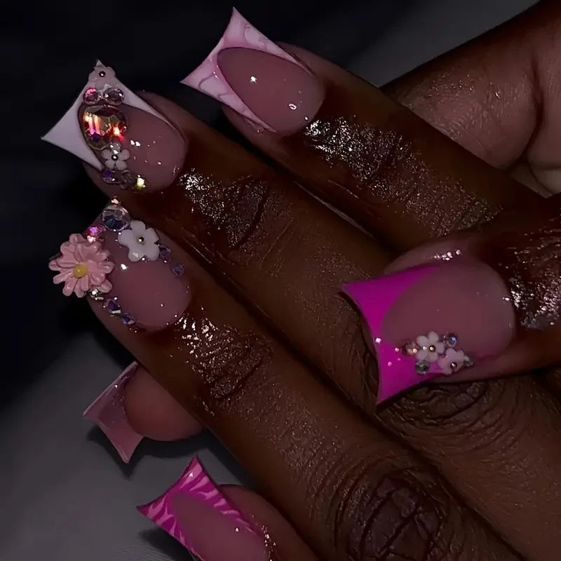 24Pcs Short French Duckbill False Nails with 3D Water Droplet Star Rhinestone Press on Fake Nails Reusable Full Cover Nails Tips