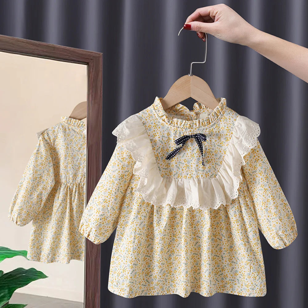 Baby Girls Floral Princess Dress Spring Autumn Korean Style Long Sleeve Big Turn Down Collar Kids Girl Dresses Summer 2024 New Dress E