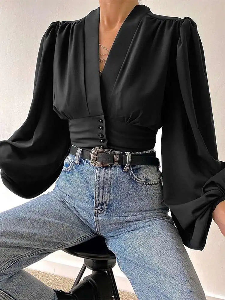 Vintage Blouses for Women Fashion Lantern Long Sleeve Buttons Front Crop Tops Sexy V-neck Shirts French Party Blusas A-Black