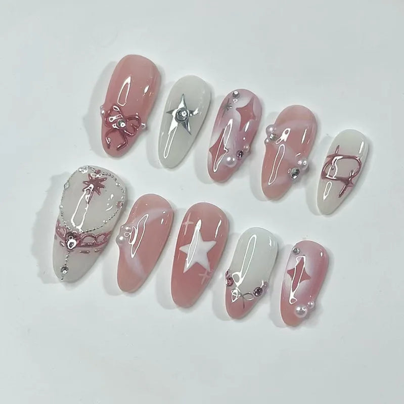 24pcs/30pcs/set Medium long 3D fake nails flowers golden foil bow rhinestones pink white summer nail tips press on false nails