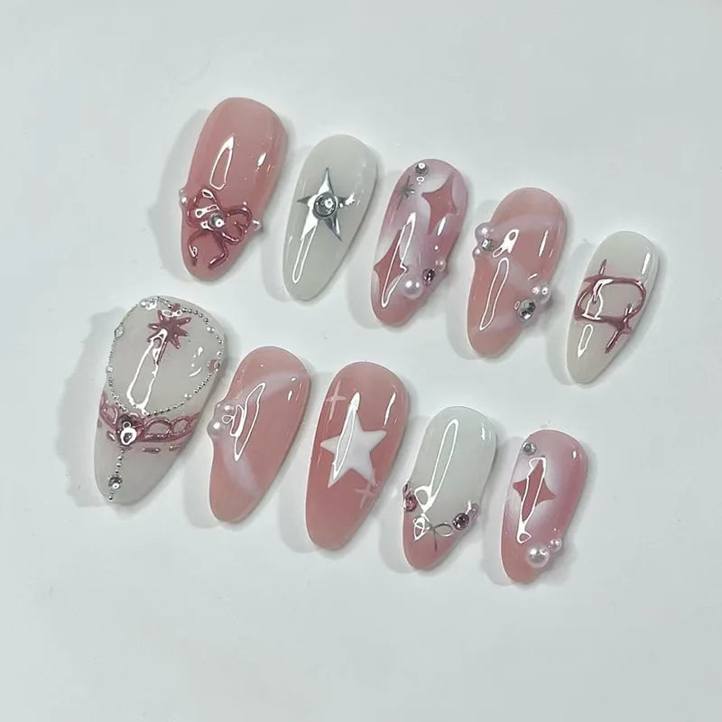 24pcs/30pcs/set Medium long 3D fake nails flowers golden foil bow rhinestones pink white summer nail tips press on false nails