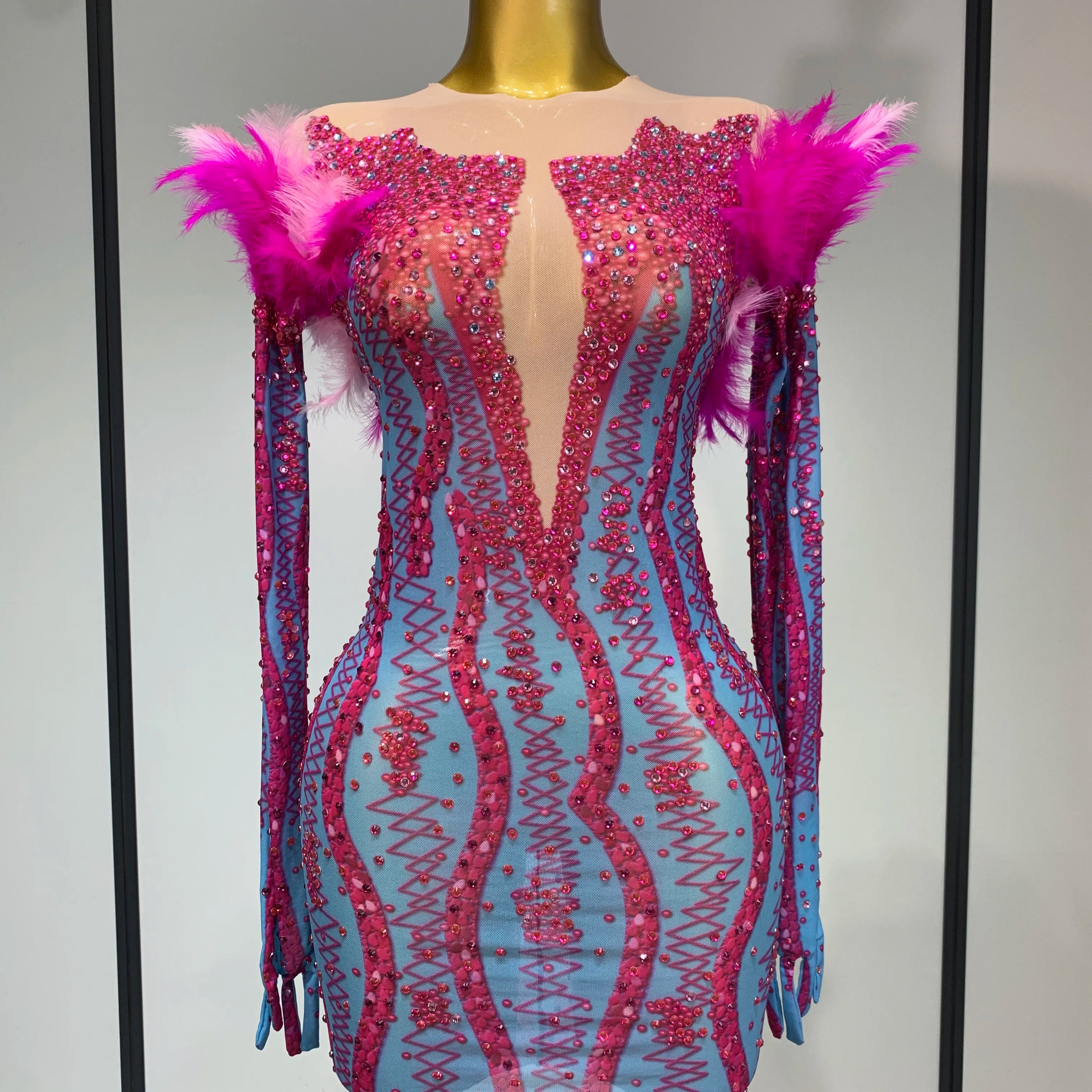 Women Sexy Mesh See Through Diamond Feather Dress 2025 Elegant Evening Party Luxury Birthday Nightclub Performance Stage Costume
