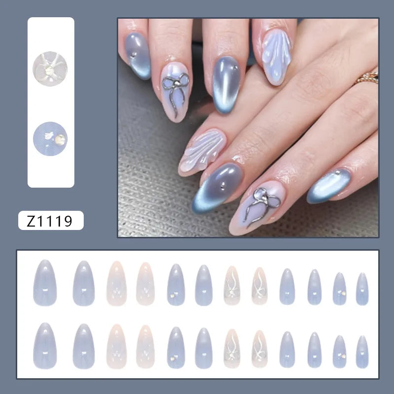 24pcs Pink Flower Press on Nails Ins Sweet Petals Print False Nails for Girl Wearable Reusable Fashion Almond Fake Nail Tips
