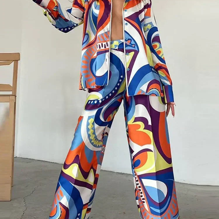 QNPQYX Fashion Printed Long Sleeve Shirt 2 Piece Set Women Loose Turndown Collar Tops Suits Female Casual Straight Pants Outfis