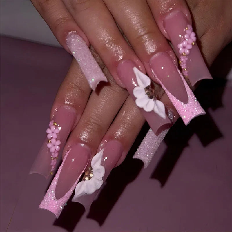 24pcs Finished Fake Nails Art Fashion Pink Bow Long Square False Nail Tips with Flower French Press on Nails Set Coffin Manicure