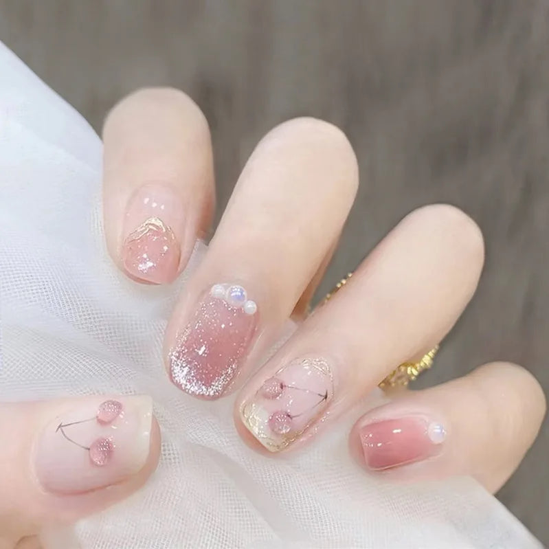 24Pcs Short Square Round Head Fake Nails Pink Cat's Eye Pearl Cherry Pattern French Tips Finished Nail Glitter Wearable Manicure