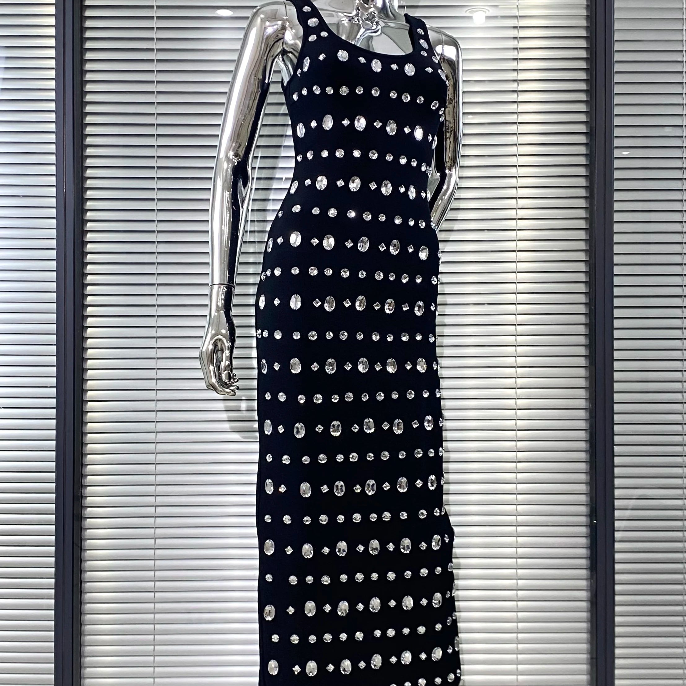 Sparkling Diamonds Sleeveless Package Black Bandage Ankle Length Dress Woman evening Party Dress Celebrity Birthday Party Outfit