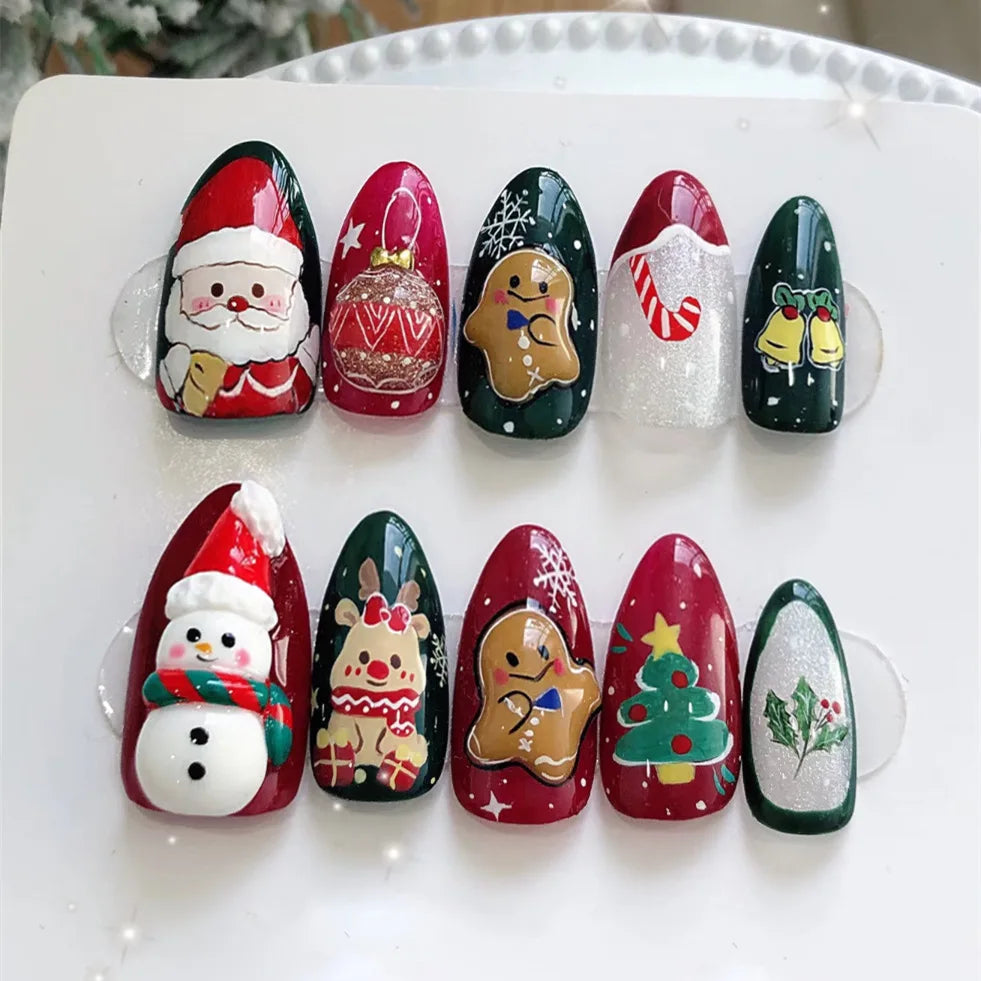 24pcs Cute Santa Claus Press on Nails Christmas Tree Gingerbread Man Fake Nails Sweet Red Almond False Nails New Year Xmas Gift