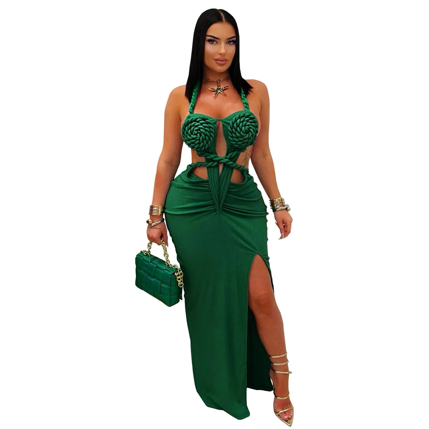 CM.YAYA Women Hemp Rope Halter Neck Stacked Ruched High Split Knit Bodycon Midi Maxi Long Dress 2025 Birthday Sexy Party Dresses