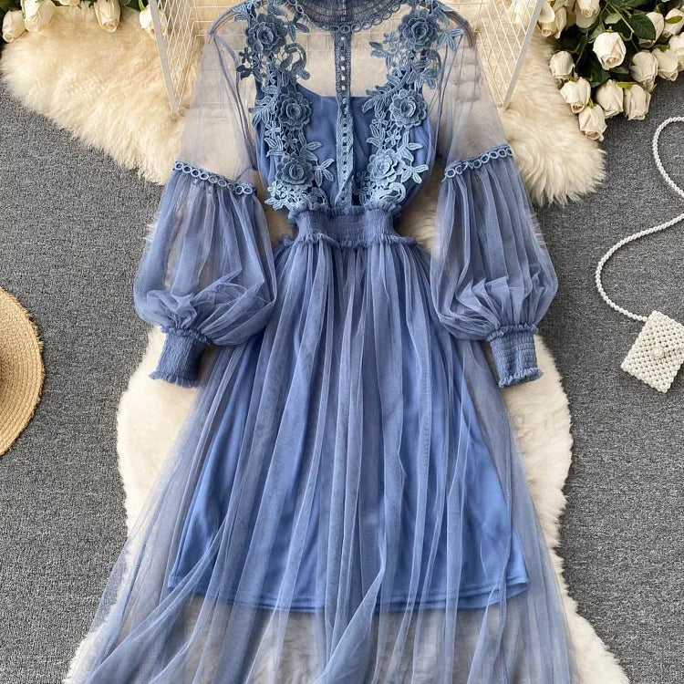 Women Party Lace Flower Dress Gauze Lantern Sleeve Voile Long Dress Female Retro Hook Princess Dress 2 Piece Set blue