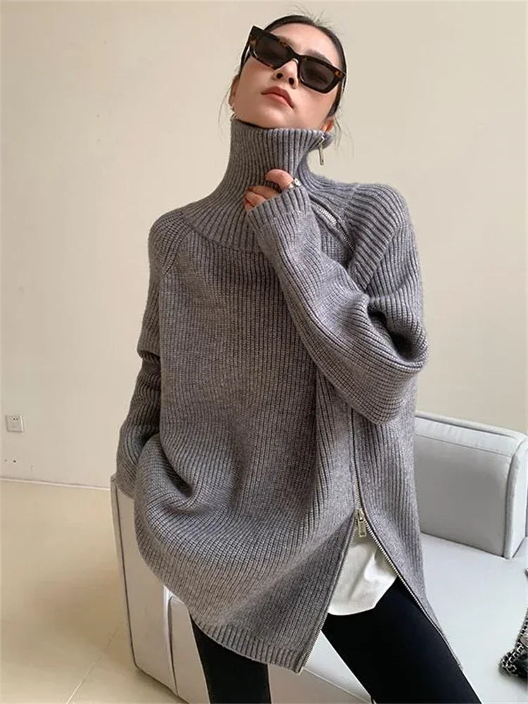 Women's Turtleneck Zipper Oversize Fashion Women Sweaters Autumn Knitwears Loose Thick Warm High Neck Solid Pullovers Women