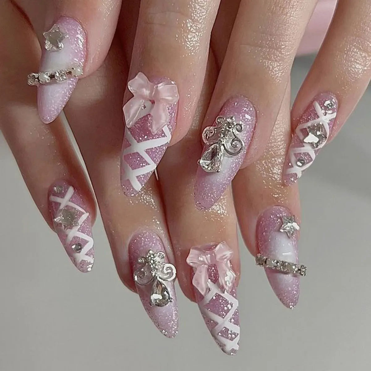 24pcs/set fake nails for women girls 3D embossed flowers cute pink blue leopard print Almond Square tips press on false nail