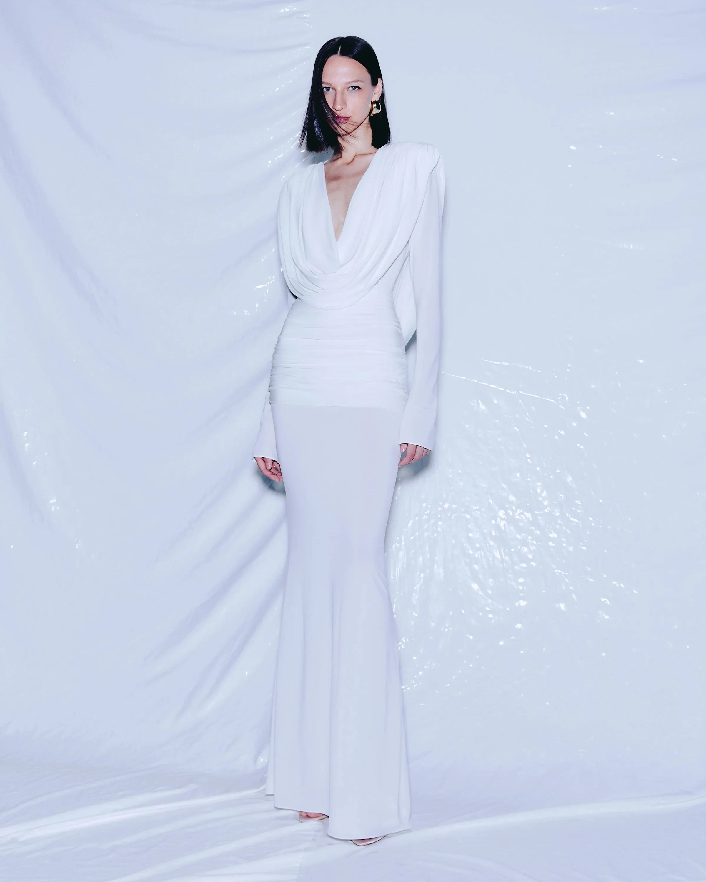 Women Celebrity Sexy Long Sleeve Deep V Neck Ruched White Maxi Long Gowns Dress 2025 Elegant Evening Party Club Vestido
