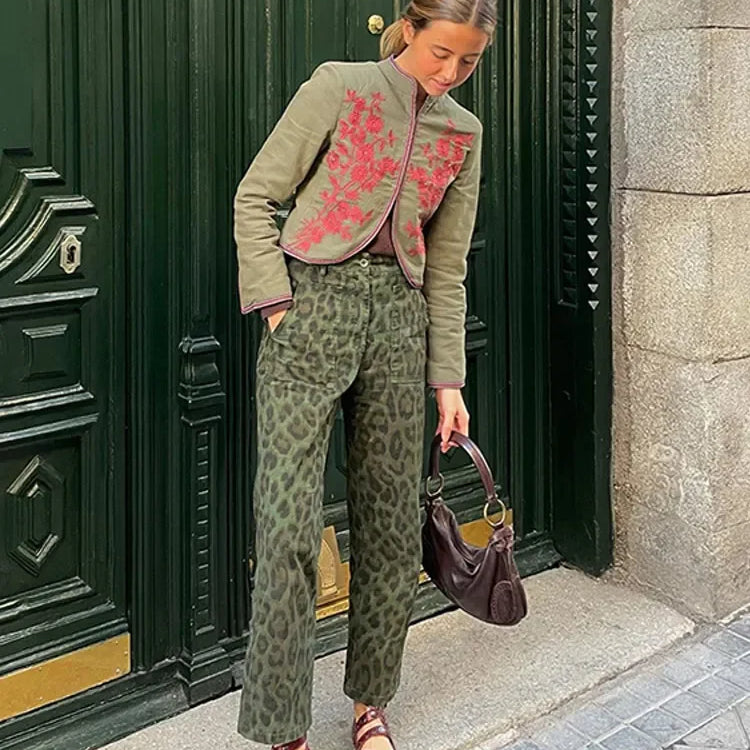 Women Fashion Print Trousers Two-piece Suit Embroidery Long-sleeved Coat High Waist Pants Sets Spring Casual Lady Outfit