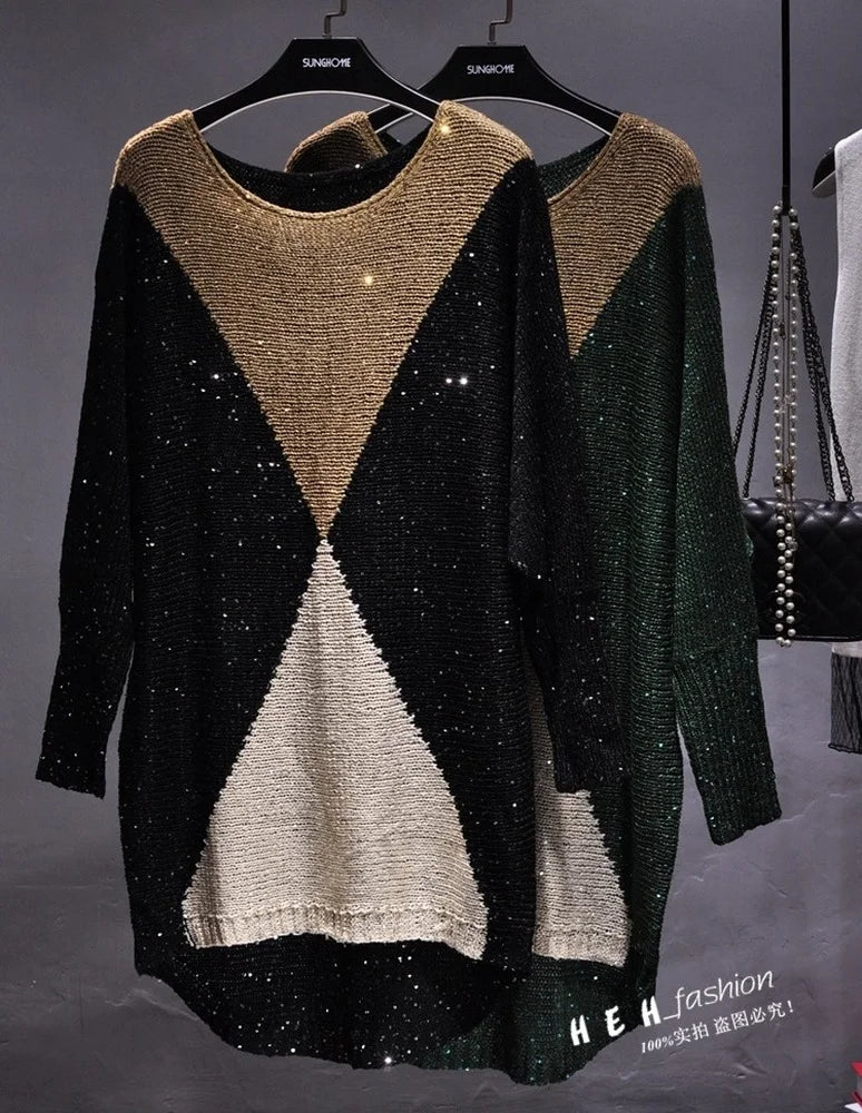 The European Fashion Women Long Breeze Light Film Loose Sweater Knit Knitted Sequined Patchwork Sweaters for Women