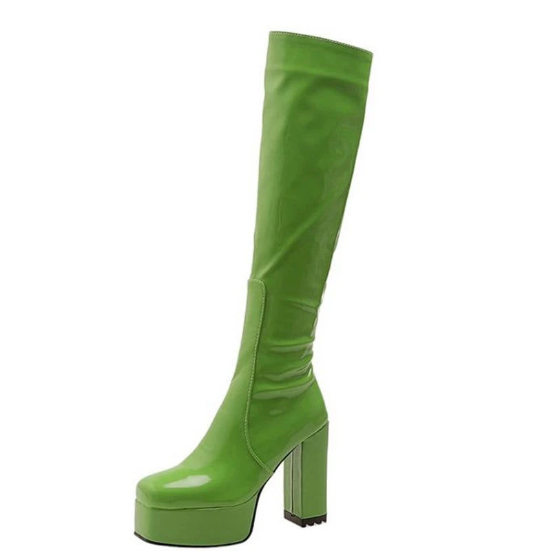 SIMLOVEYO Platform Knee High Boots Toe Block Heels Rubber Size 34-43 Black White Blue S2729