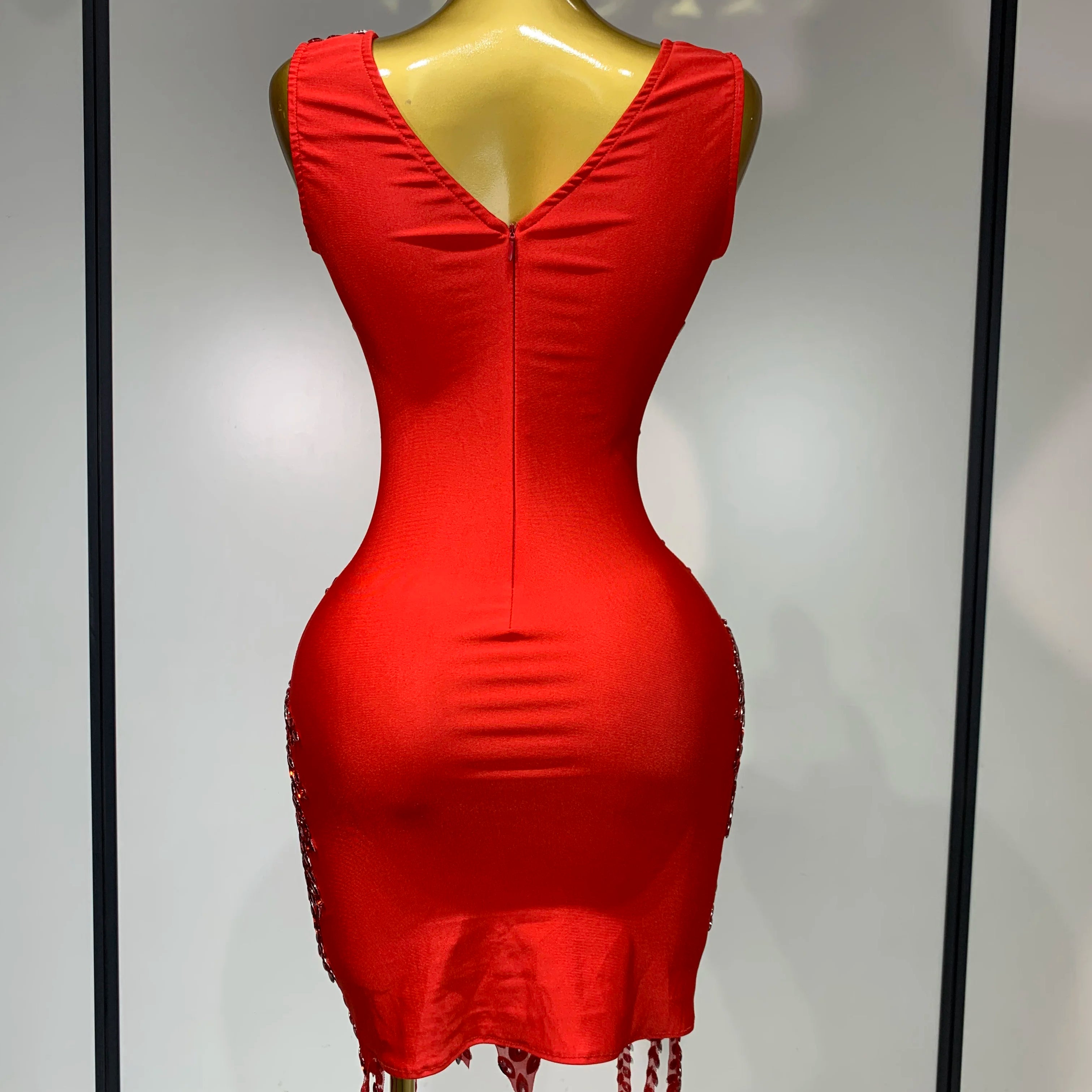 Sparkly Rhinestone Mesh See Through V Neck Dress Women Sexy Performance Stage Costume Evening Party Club Luxury Birthday Outfit