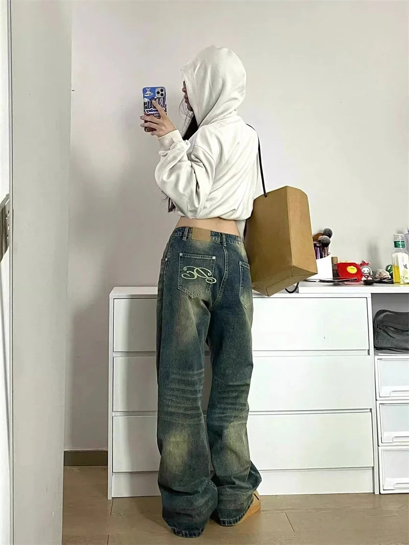 Autumn Winter New Ladies Baggy Jeans American High Street Wide Leg Women's Jeans Note Embroidery Women Pants High Waist