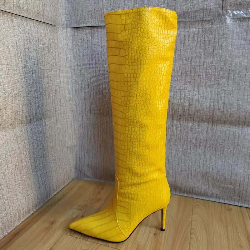Size 43 Women Sexy Pattern Knee High Boots 2022 Autumn High-heel Pointed Toe Women's Shoes Black