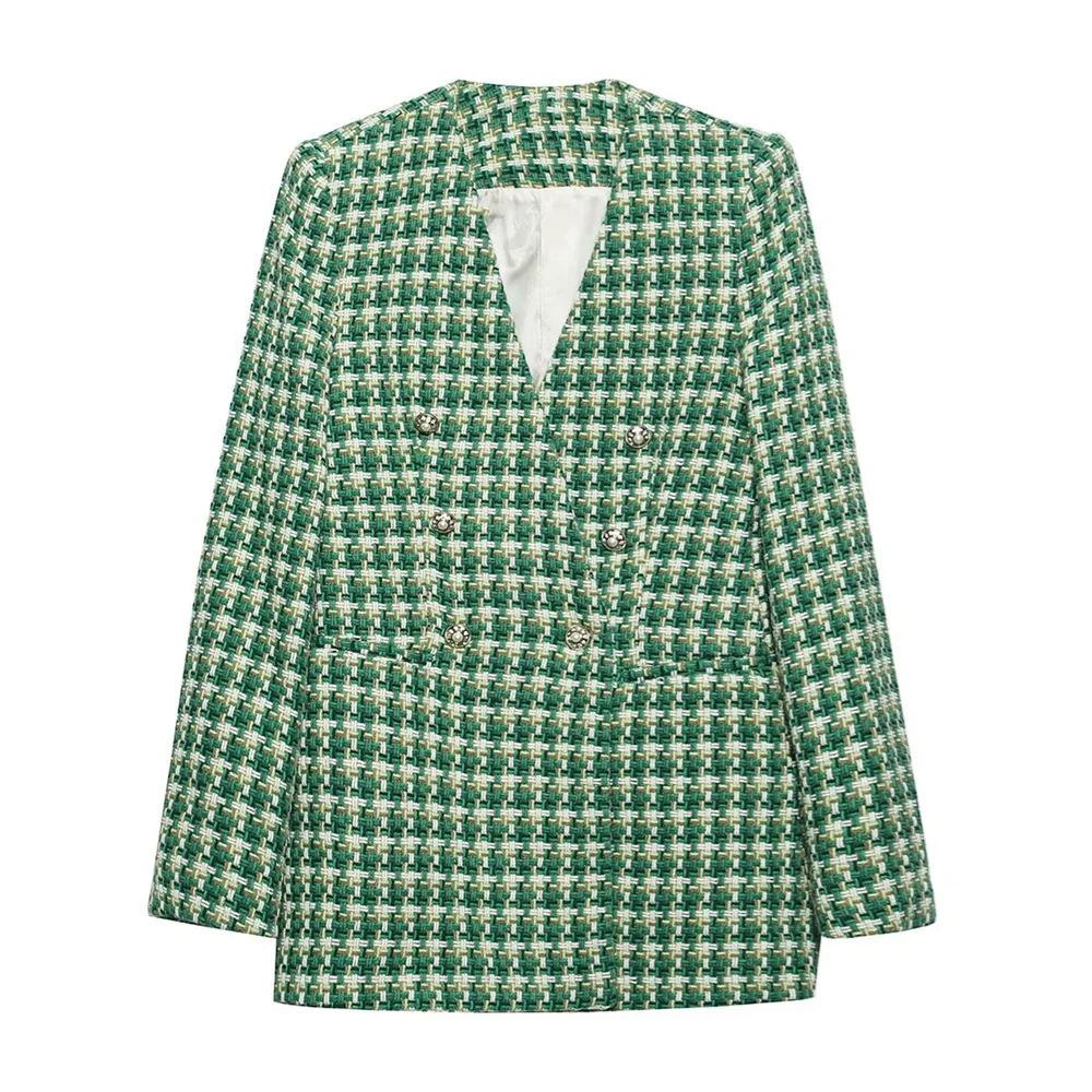 Winter New Women's V-neck Texture Double breasted Loose and Versatile Long sleeved Suit Coat green
