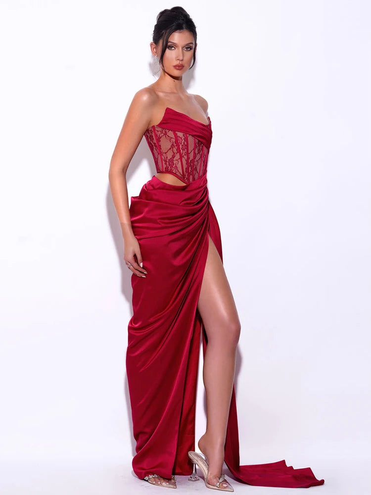 VC Cocktail Party Dress Women Sexy High Split Evening Clubwear Strapless Lace Patchwork Satin Long Dress Vestidos