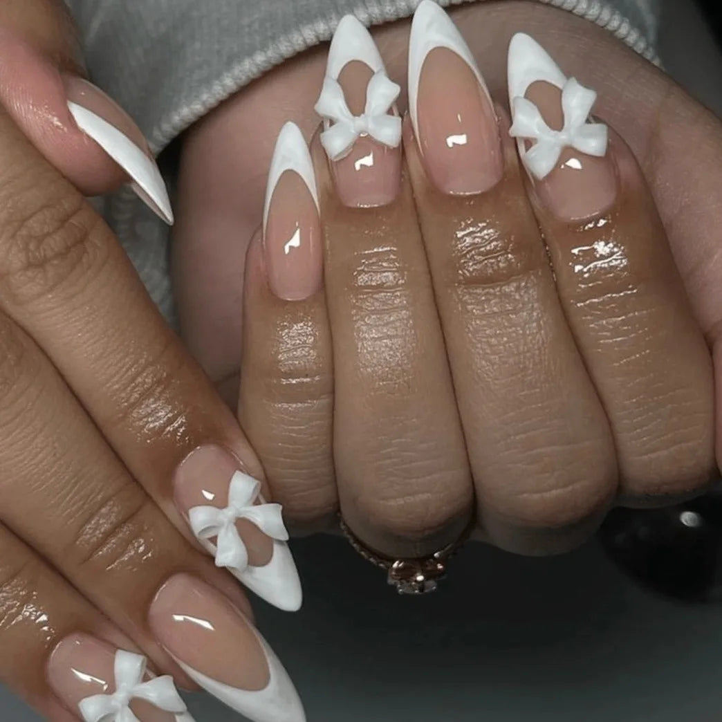 24Pcs Mid-length Brown French Almond Nails Set Press on White Dot Detachable False Nails 3D Bow Pearl Full Cover Fake Nails Tips