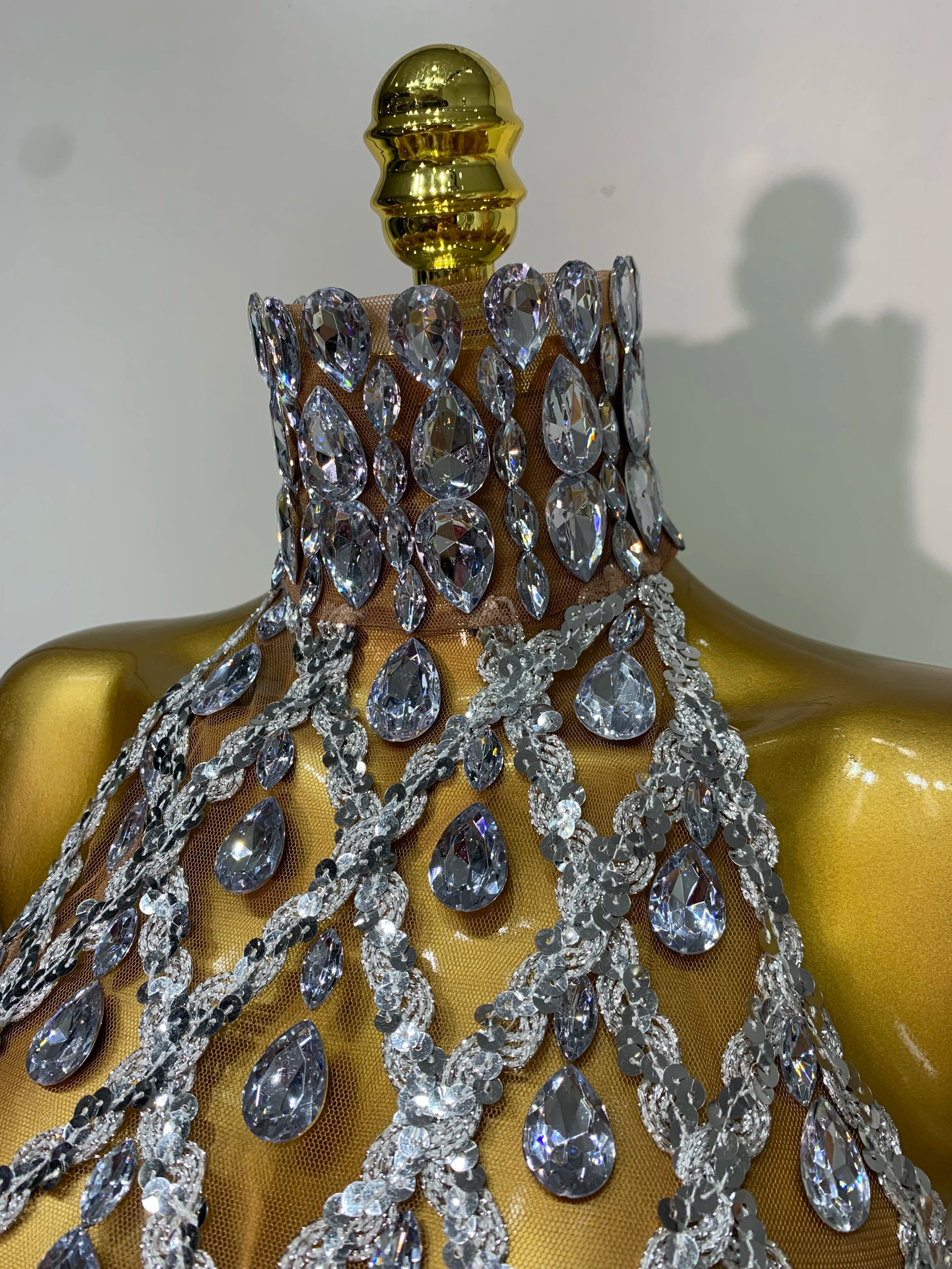 Sparkly Slver Rhinestone Sequins Mesh See Through Top Women Sexy Nightclub Evening Party Backless Spicy Girl Stage Outfit