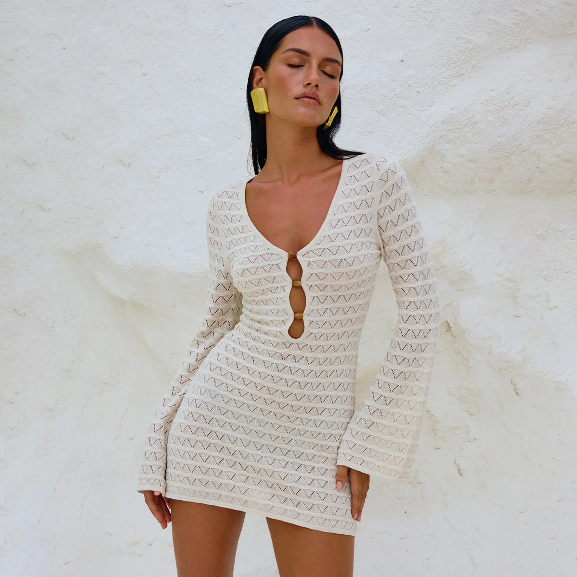 Sexy Knitted Beach Dress For Woman White Hollow Out Deep V Neck Long Sleeve High Waist A-line Knit Dress Knitwear