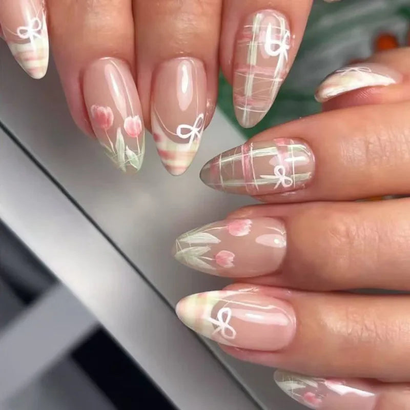 24pcs French Almond Press on Nails Flower Pattern Fake Nails False Nails Artificial Tips Накладные Ногти Uñas Postizas Mujer 네일팁