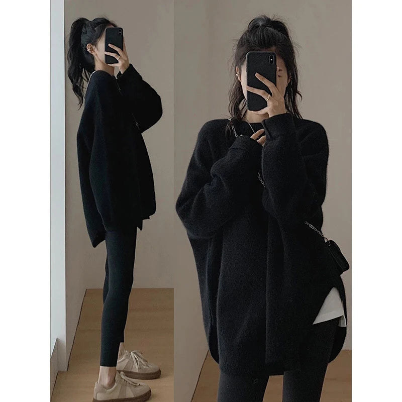 Fashion Knit Pullover for Women Sweet O-neck Fluffy Sweater Female Spring Autumn Soft Elegant Long Sleeve Ladies Knitwear Black One Size