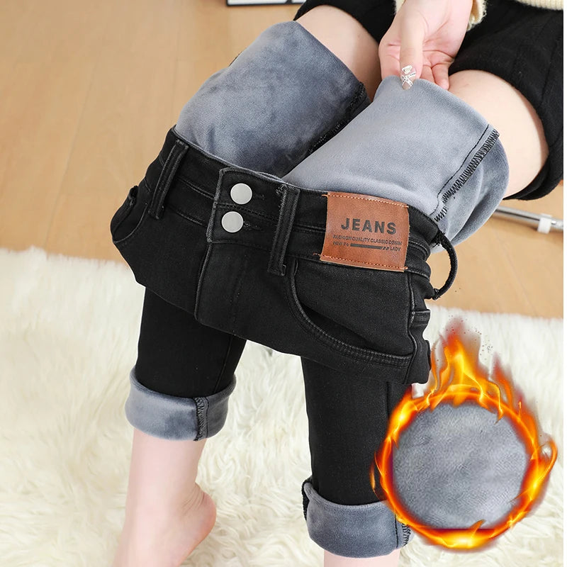 Winter Women's Fleece Thickened Jeans Elastic High Waist Skinny Fashion Slim Fit Velvet Pencil Denim Pants Black Blue Black