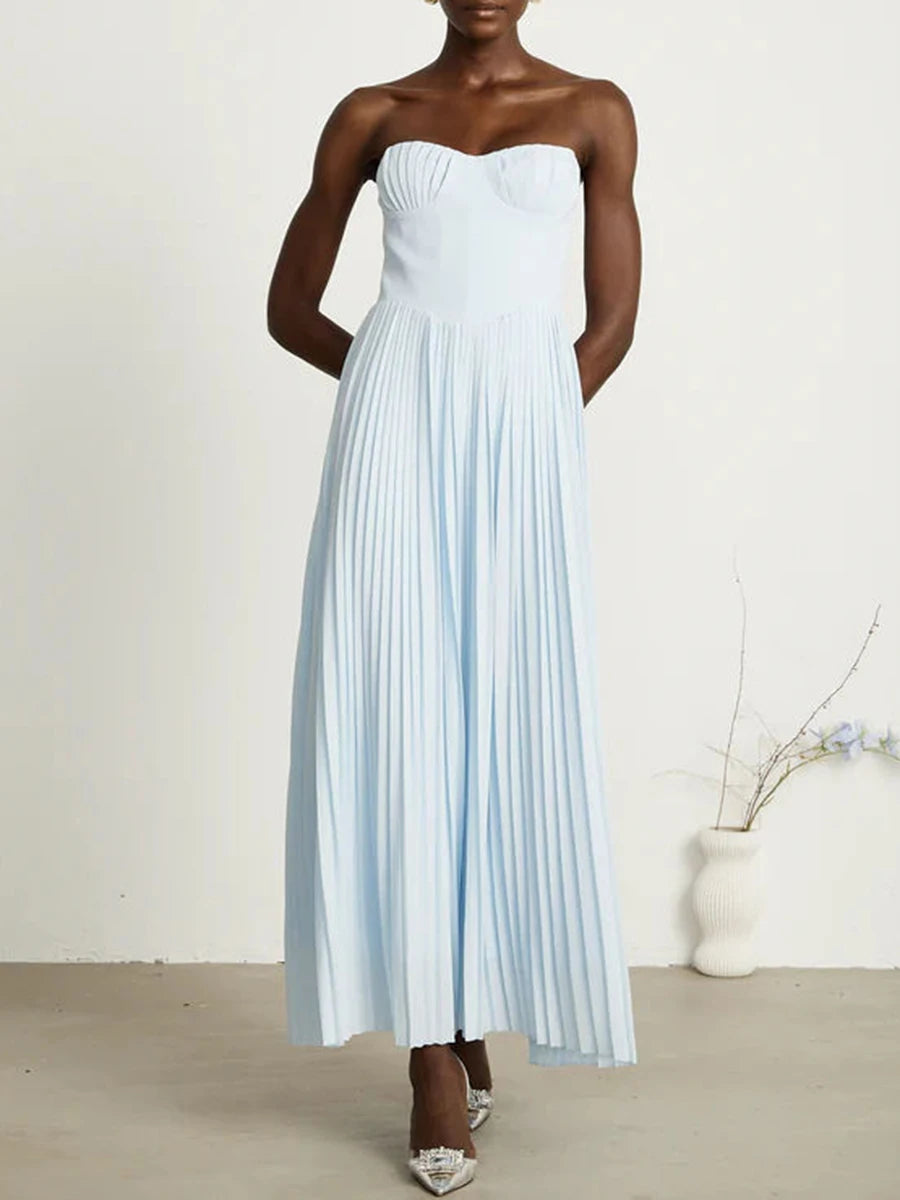 TWOTWINSTYLE Solid Slimming Elegant Midi Dresses for Women Strapless Sleeveless Patchwork Fold Dress Female Temperament Clothing