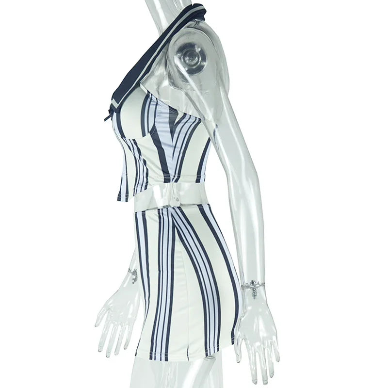 CM.YAYA Fashion Sporty Women's Set Mini Skirt and Sleeveless Striped Top Autumn Street Sext Girl Two 2 Piece Dress Sets Outfits