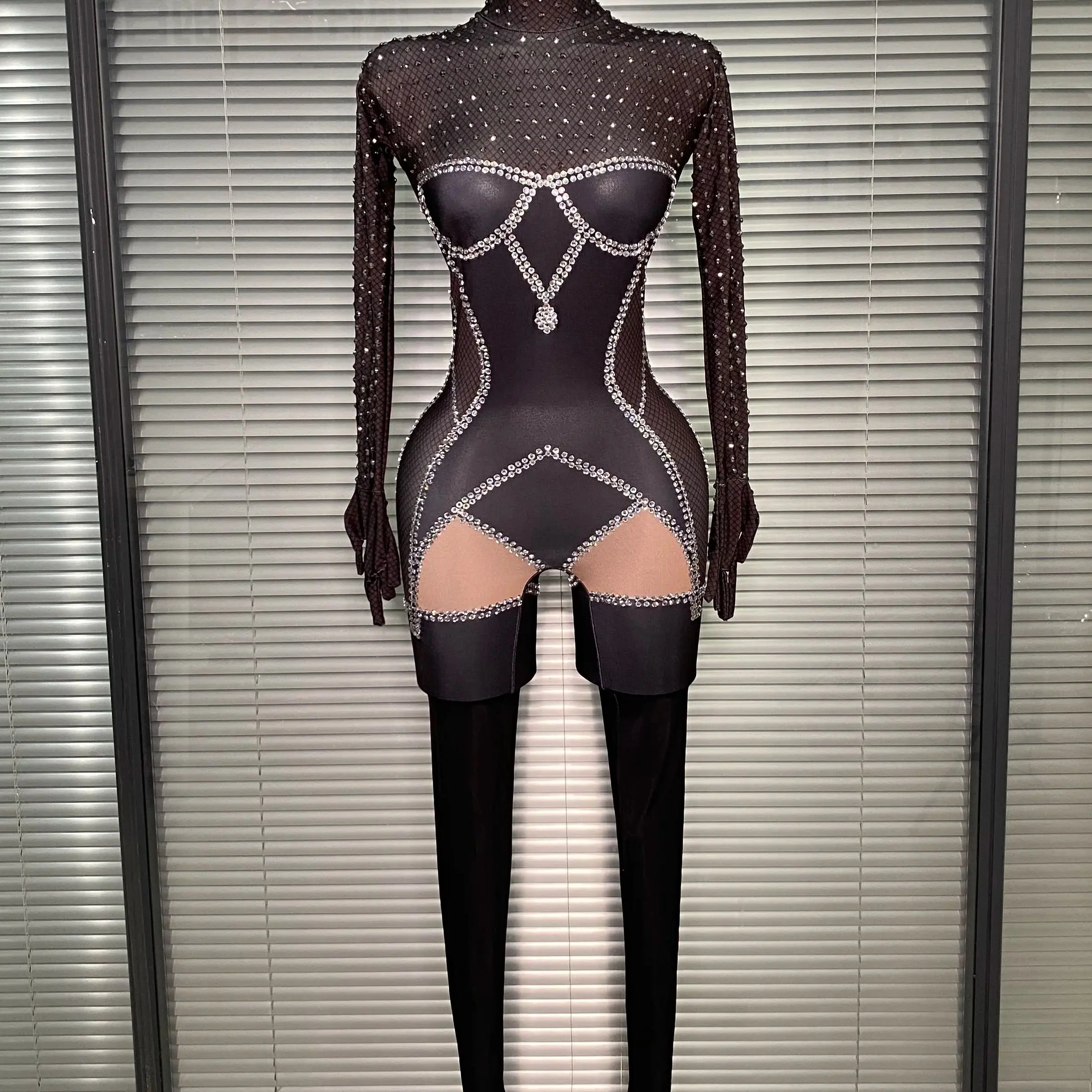 Summer New 2025 Women Sexy Crystal Black Long Sleeve Bodycon Jumpsuit Celebrity Designer Dancer Night Club Rompers
