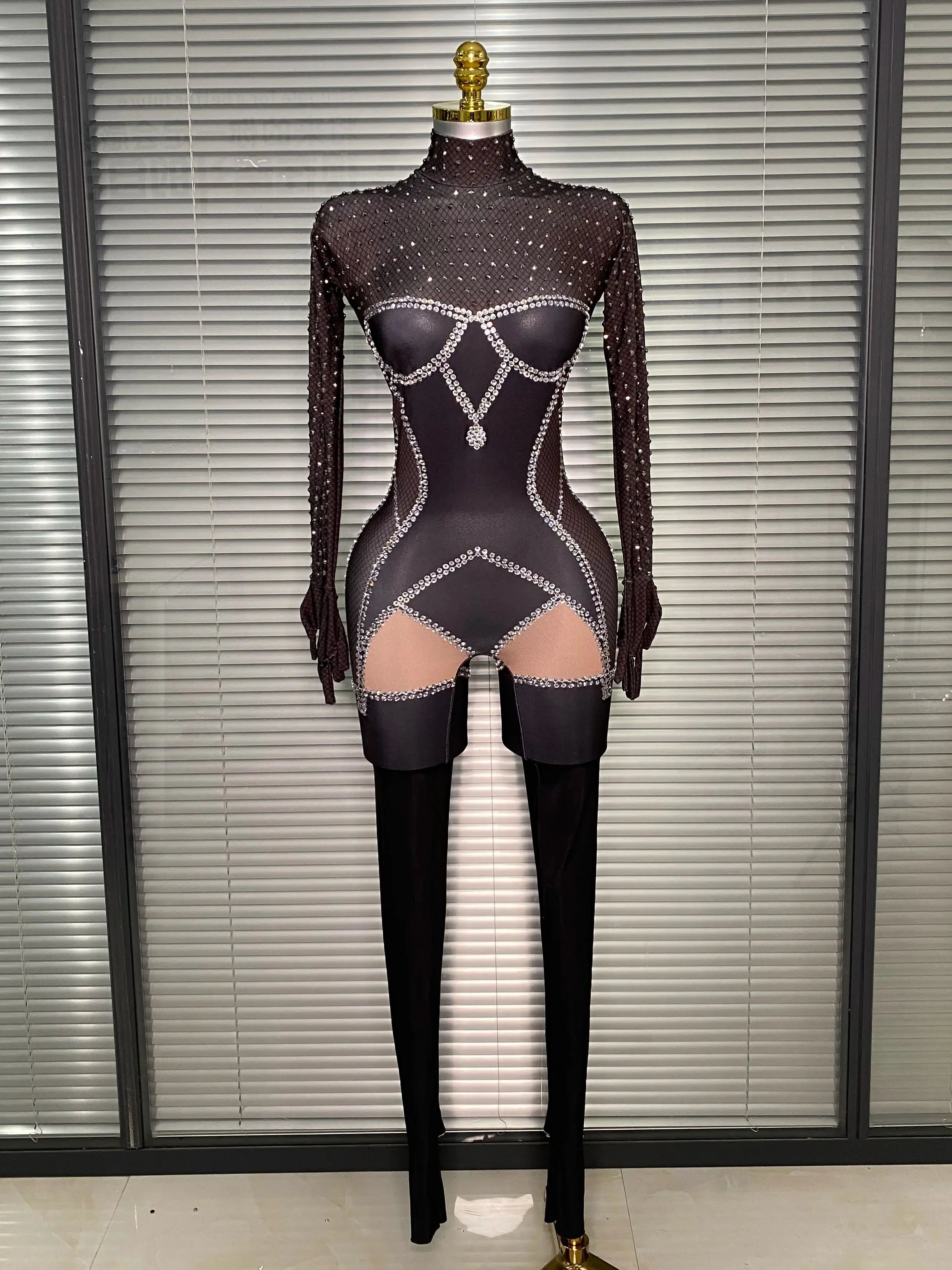 Summer New 2025 Women Sexy Crystal Black Long Sleeve Bodycon Jumpsuit Celebrity Designer Dancer Night Club Rompers