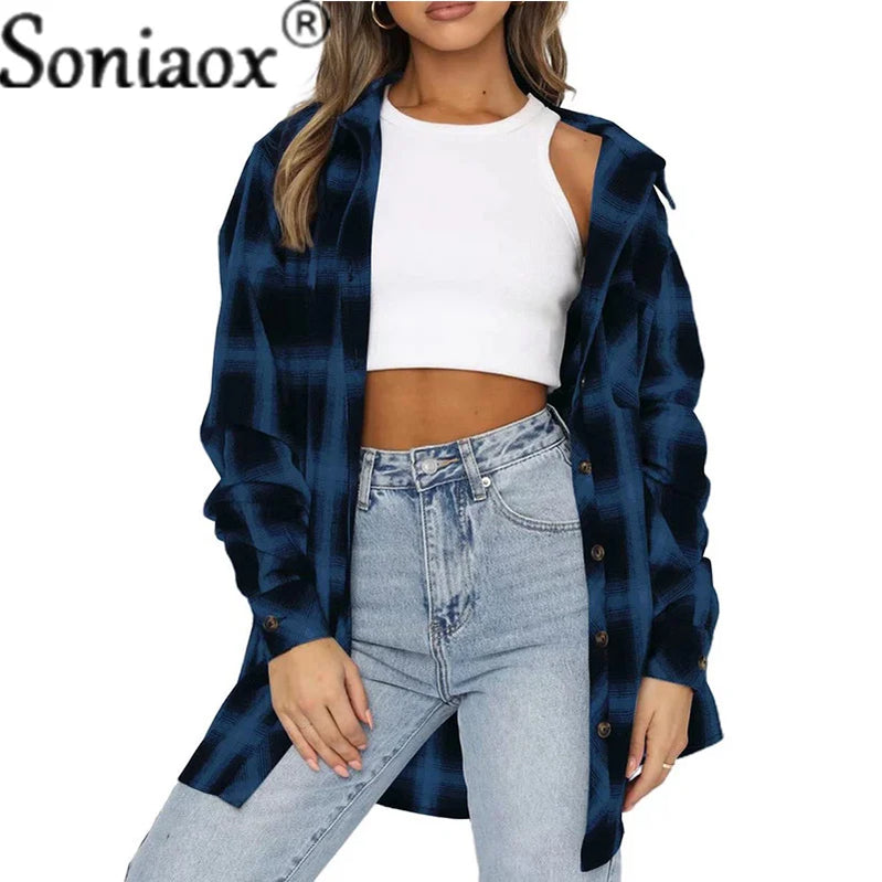 Flannel Plaid Shirt Women Autumn Loose Button Up Lapels Tops Casual Checkered Long Sleeve Blouse Ladies Pockets Basic Female New Blue